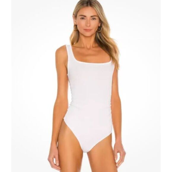 n: Prince White Bodysuit Ruched Ribbed Square Neck Women's size S, NWT - Picture 1 of 6